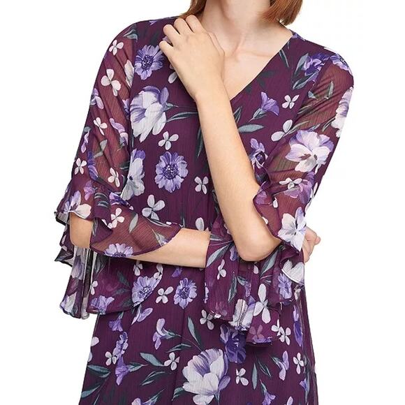 Calvin Klein Floral Print Long bell Sleeve mini Dress 6 purple romantic ruffle - Picture 3 of 11